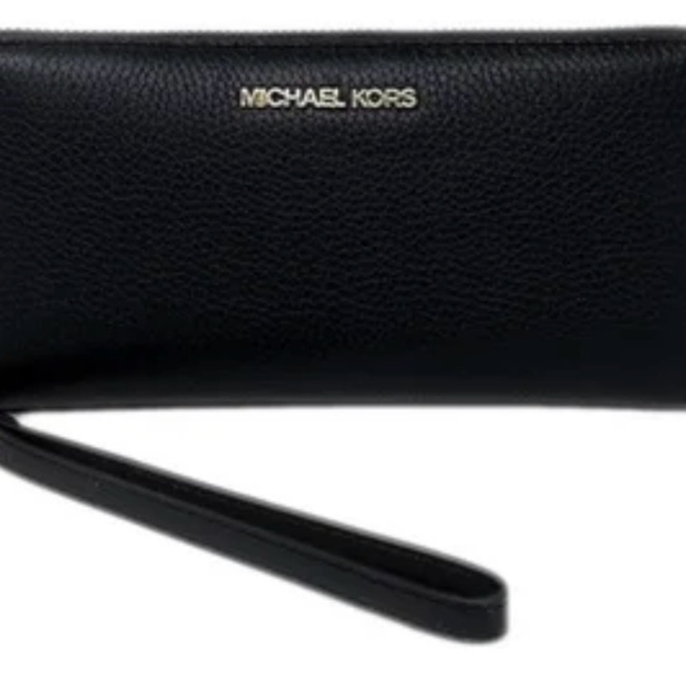 Michael Kors Black Pebbled Leather Wristlet with Gold Logo